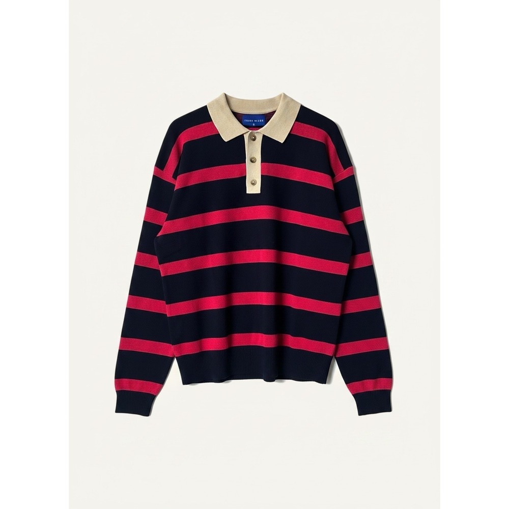 NWT Navy Pink Striped Cotton Knit Polo Sweater Sz L Unisex Preppy Nautical Boxy